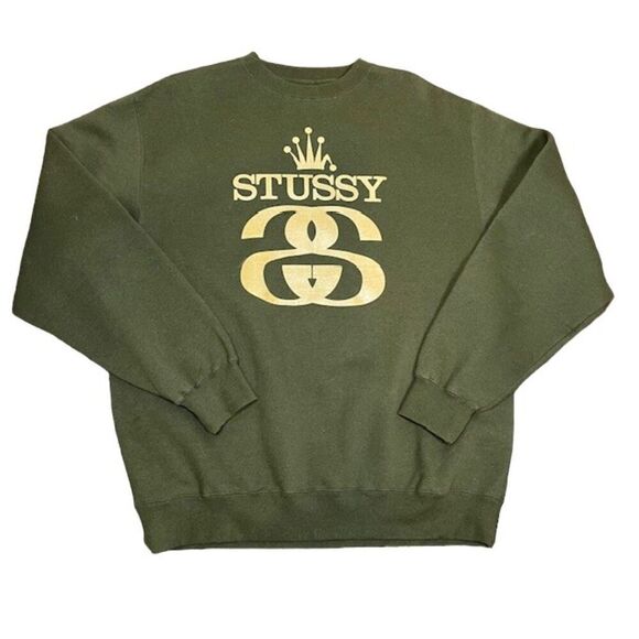 Stussy Y2K Vintage Logo Sweatshirt Crewneck Olive Green Metallic Gold Mens Large - Picture 1 of 12